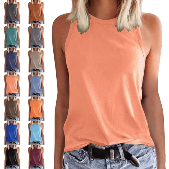 Bmisegm Womens Tank Tops Sleeveless Wide Straps Round Neck Solid Color Summer Vest Summer Tops for Women Coffee M
