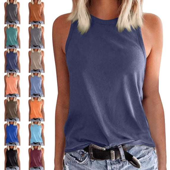 Bmisegm Womens Tank Tops Sleeveless Wide Straps Round Neck Solid Color Summer Vest Summer Tops for Women Dark Blue XXXL