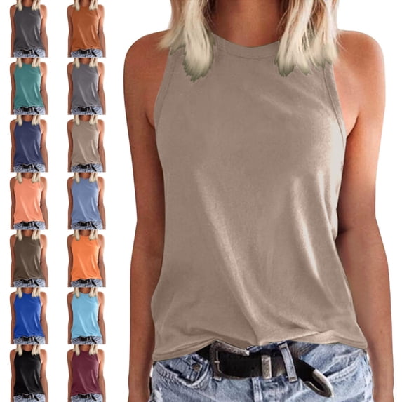 Bmisegm Womens Tank Tops Sleeveless Wide Straps Round Neck Solid Color Summer Vest Summer Tops for Women Khaki XXXL