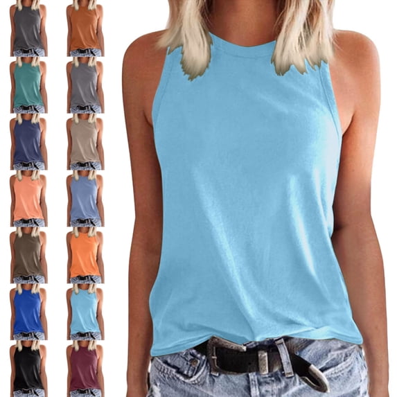 Bmisegm Womens Tank Tops Sleeveless Wide Straps Round Neck Solid Color Summer Vest Summer Tops for Women Sky Blue M