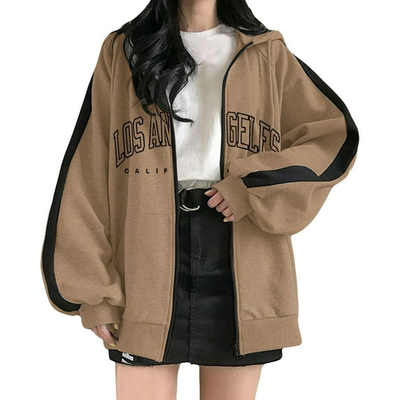 Bmisegm Womens Zip up Hoodies and Sweatshirts Fashion Comfy Plus Size Cute Jackets for Teen Girls Khaki XXL