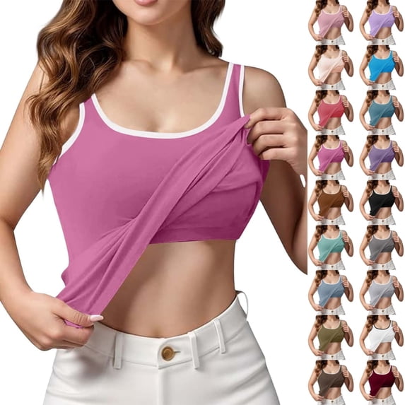 Bmisegm Built In Bra Tank Tops For Women Seamless Sleeveless Spaghetti Strap Contrast Binding Padded Camisole Regular Fit Undershirt Womens Tops Hot Pink XXL