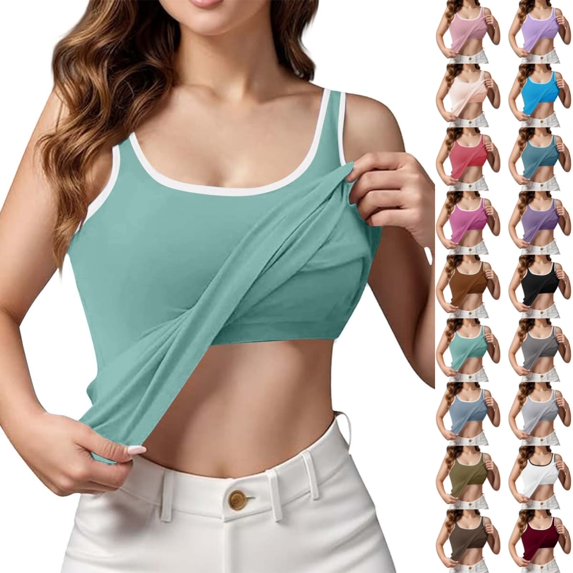 Bmisegm Built In Bra Tank Tops For Women Seamless Sleeveless Spaghetti Strap Contrast Binding Padded Camisole Regular Fit Undershirt Womens Tops Green_002 XXL