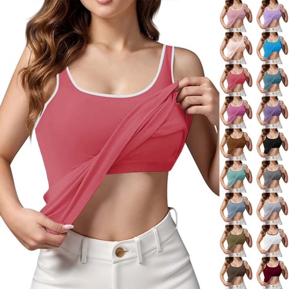 Bmisegm Built In Bra Tank Tops For Women Seamless Sleeveless Spaghetti Strap Contrast Binding Padded Camisole Regular Fit Undershirt Womens Tops Watermelon Red M