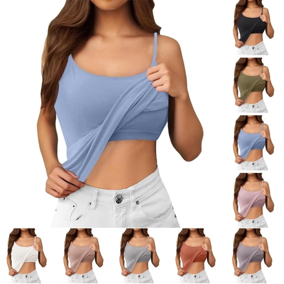 Bmisegm Built In Bra Tank Tops For Women Sports Sleeveless Spaghetti Strap Padded Camisole Wireless Bra Cups Womens Casual Tops Light Blue L