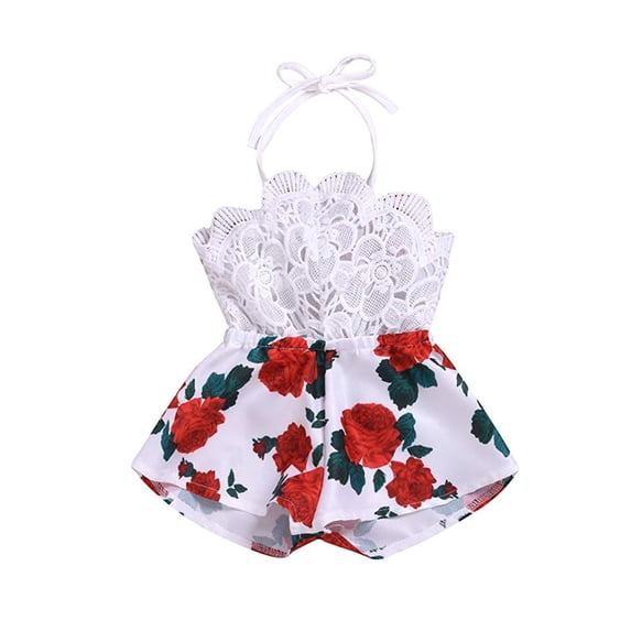Bmnmsl Baby Girl Lace Floral Patchwork Romper Halter Belt Backless Playsuit 0-3Y