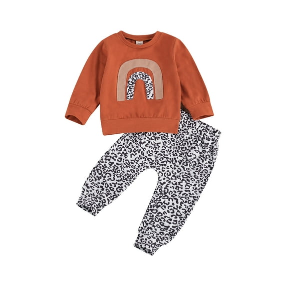 Bmnmsl Baby Sets Rainbow Round Neck Long Sleeve Top Loose Leopard Trousers