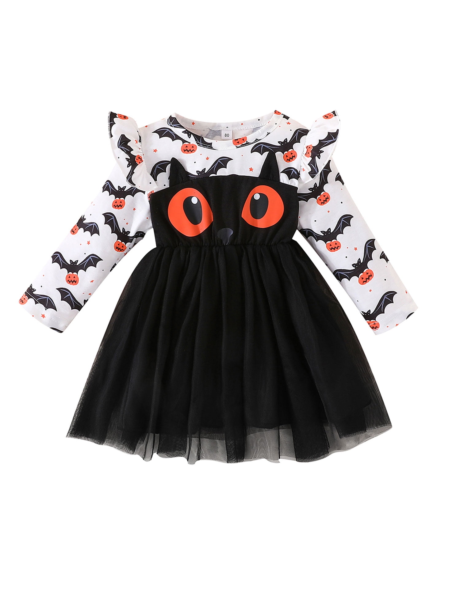 Bmnmsl Girl Halloween Dress Long Sleeve Crew Neck Bat Print Tulle Dress Aline Dress Halloween