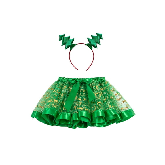 Bmnmsl Girl Princess Skirt Christmas Print Tutu Skirt with Elk Headband Set
