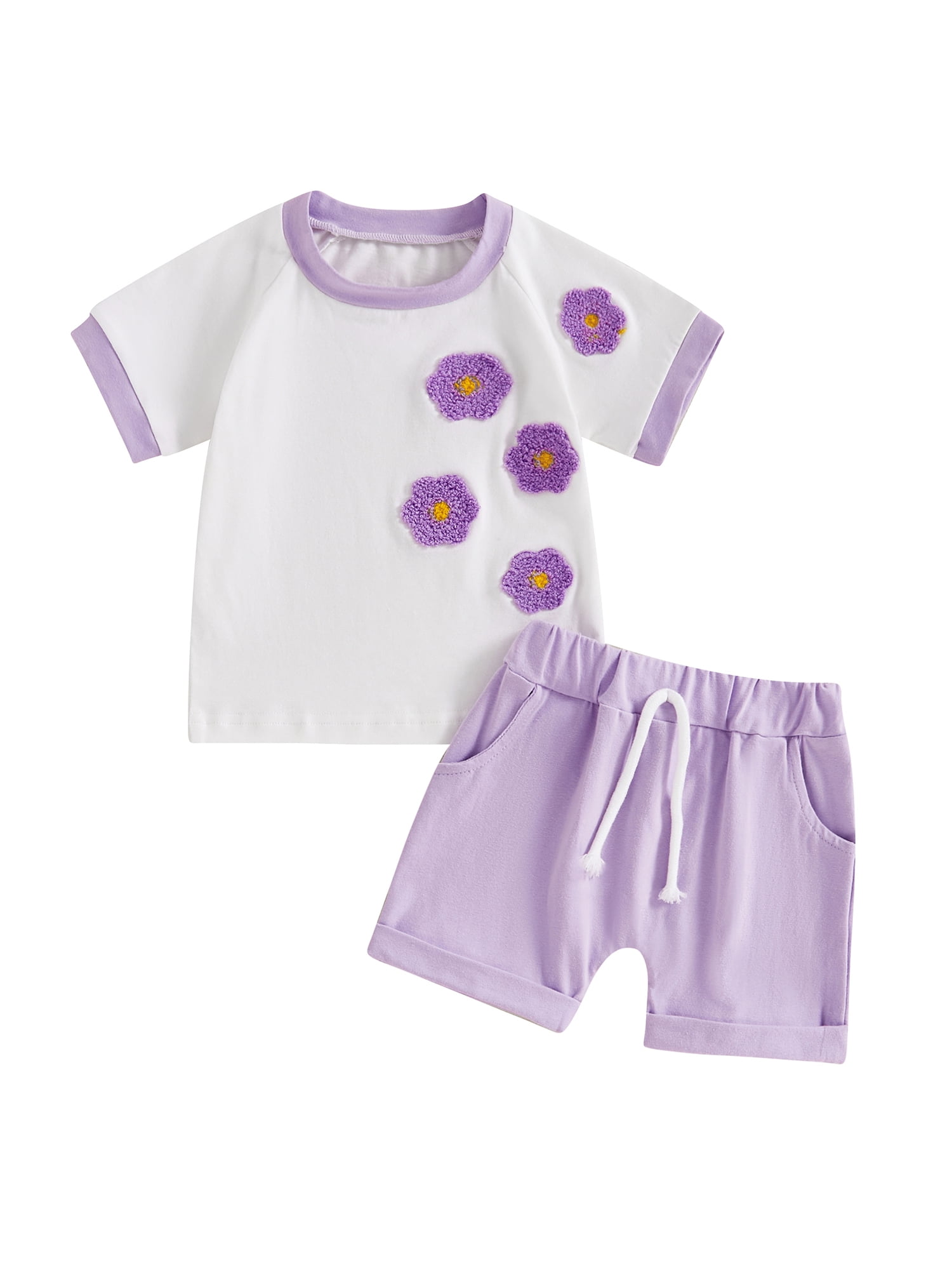 Bmnmsl Toddler Girl Summer Outfit Flower Embroidered Round Neck Short