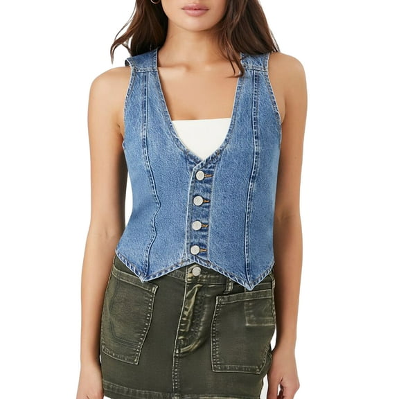 Bmnmsl Women Summer Denim Vest Sleeveless Button Vest Solid Slim Outwear Gilet for Casual Street Trendy Slim Fitted Denim Coat