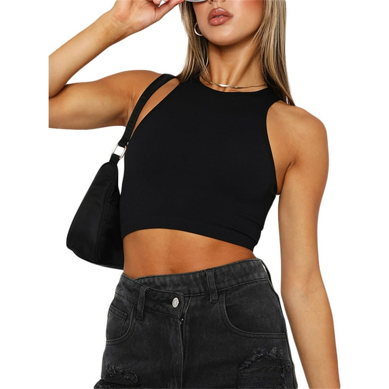 Women Crew Neck Crop Top Sleeveless Ribbed Cropped Sports Tank Tops(Black  M) : : Clothing & Accessories