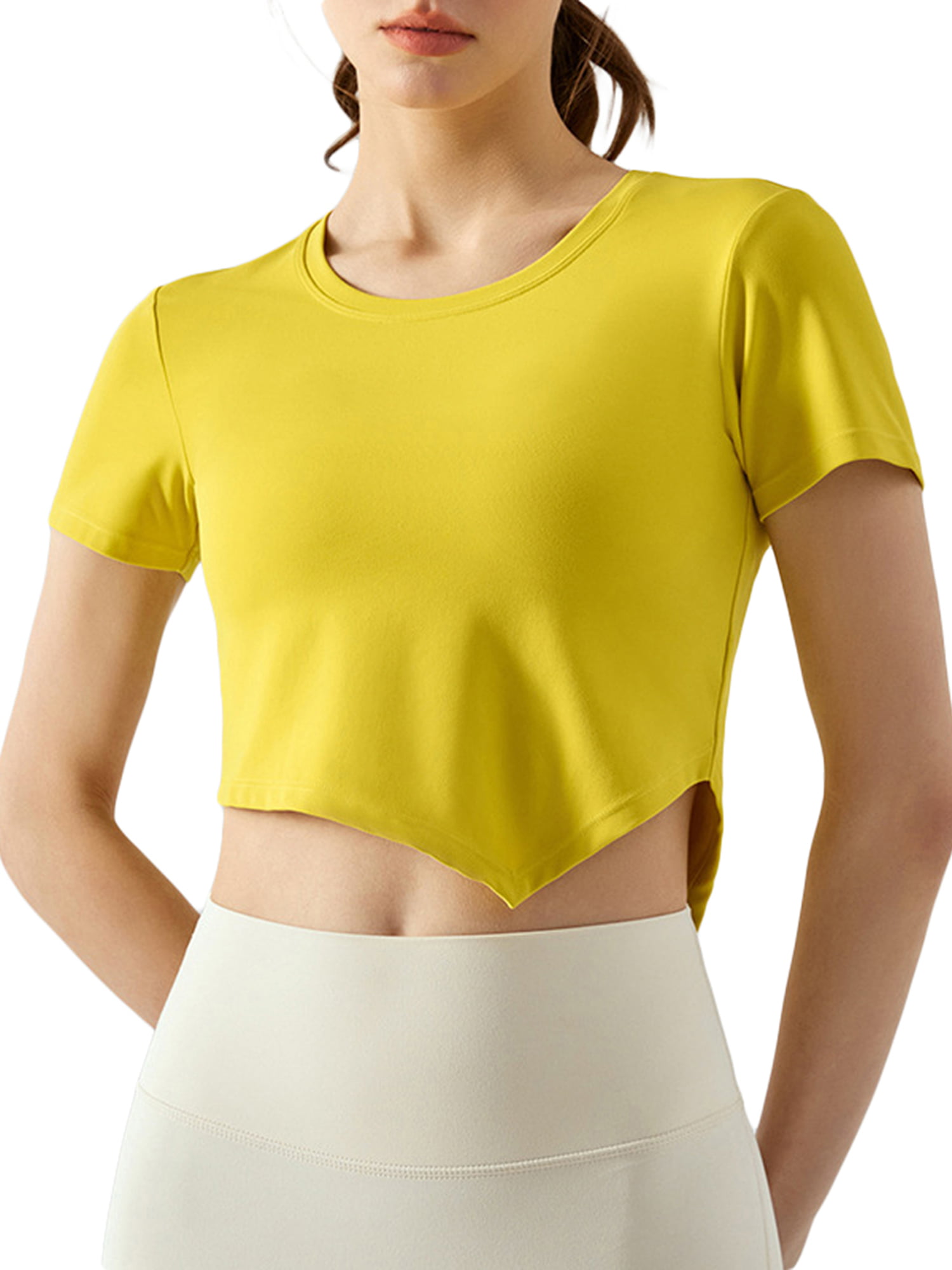 Bmnmsl Women Workout Crop Tops Short Sleeve Round Neck Asymmetrical Yoga  Running T-Shirts 
