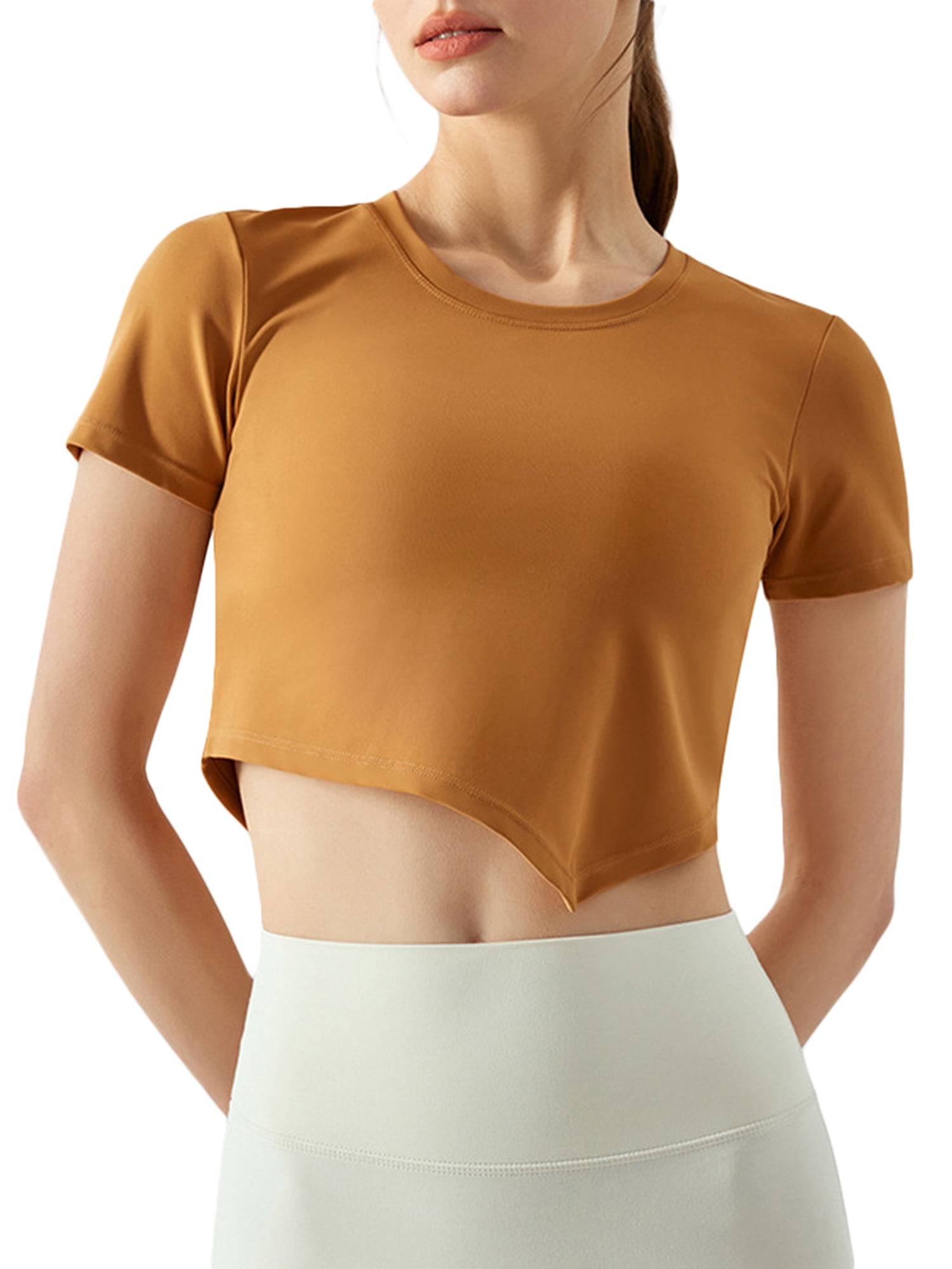 Bmnmsl Women Workout Crop Tops Short Sleeve Round Neck Asymmetrical Yoga  Running T-Shirts 