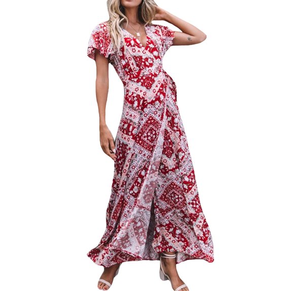 Bmnmsl Womens V-Neck Floral Split Dress Boho Summer Beach Casual Long Sundress