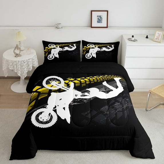 Bmx Bedding Extreme Sports Comforter Set Twin, Dirt Bike Player Bedding Comforter Sets Motor Bicycle Race Competition Duvet Set Teens Sports Theme Quilt + 1 Pillow Case