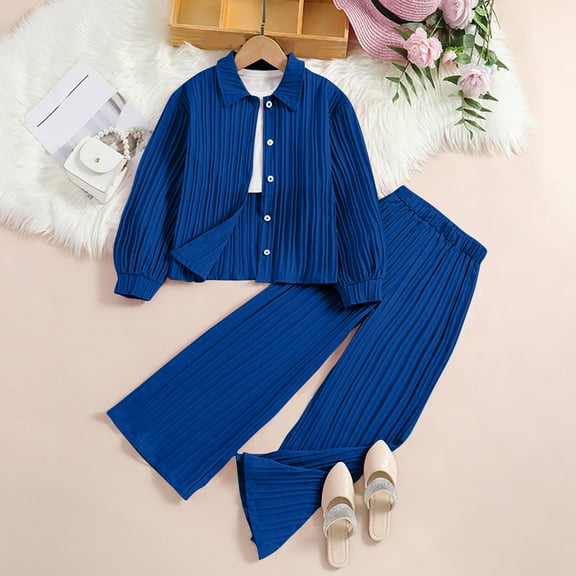 Bnwani 2PC Clothing Set for Toddler Girls sleeved Long Turndown Lapel Fashion Casual Solid Set Pants Tops Buttons Shirt Suit Size 9-10 Y