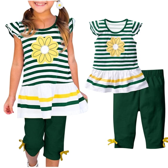 Bnwani 2PC Kids Clothes under $5 For Girls Girls sleeved Printed Round Short-sleeved Striped Fashion Casual Set Short Pants Tops Shirt Suit Size 3 Y