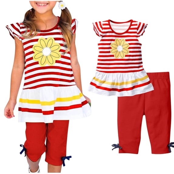 Bnwani 2PC Kids Clothes under $5 For Girls sleeved Printed Round Short-sleeved Striped Fashion Casual Set Short Pants Tops Shirt Suit Size 3 Y