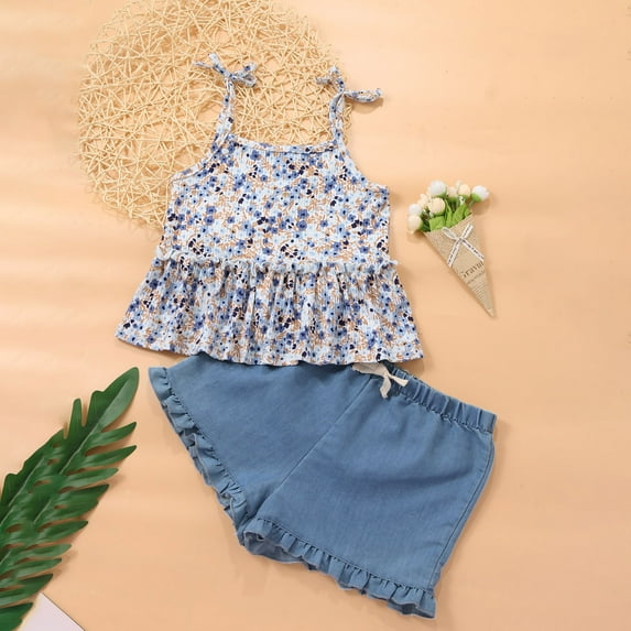 Bnwani 2PC Plus Size Kids Clothing Girls Printed Round Fashion Casual Set Short Pants Shorts Tops Sling Vest Ruffled Floral Suit Size 2 Y