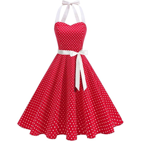 Bnwani Audrey Hepburn Style Dresses,Summer Dresses,Vintage,Halter,Printed,Polka Dot,Red,S