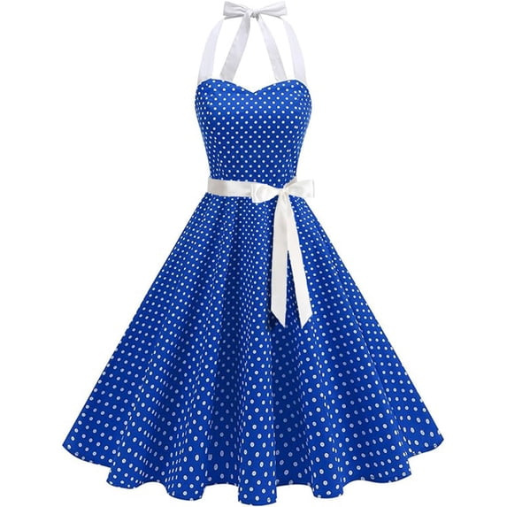 Bnwani Audrey Hepburn Style Dresses,Women Dresses,Vintage,Halter,Printed,Polka Dot,Blue,XL