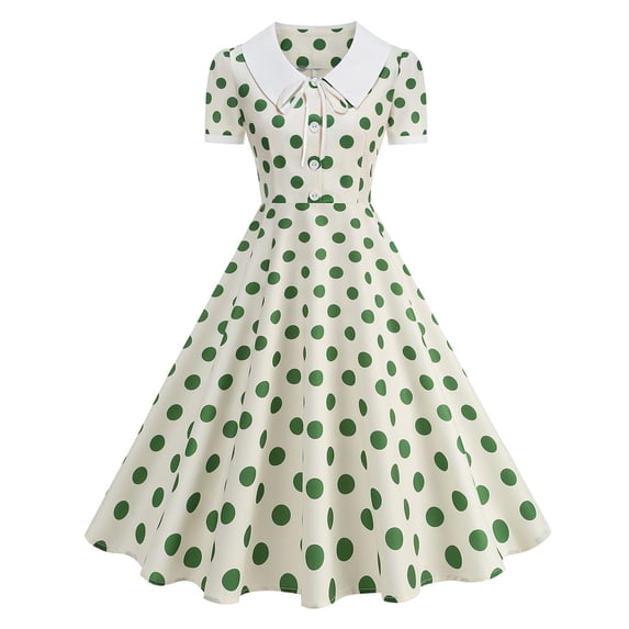 Bnwani Audrey Hepburn Style Dresses,Women's Dresses,Vintage,Peter Pan Collar,Polka Dot,Color Block,Green,L