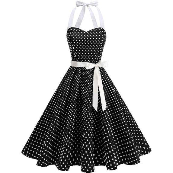 Bnwani Audrey Hepburn Style Dresses,Womens Dresses,Vintage,Halter,Printed,Polka Dot,Black,L