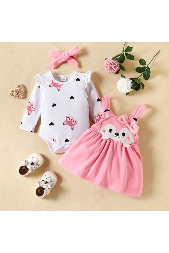 Baby Girl Bodysuits Cotton 3 Piece Winter Cotton Warm Fox Print Long Sleeve Skirt Set and Headband Size Preemie-18 Months