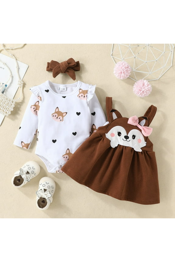 Baby Girl Bodysuits Cotton 3 Piece Winter Cotton Warm Fox Print Long Sleeve Skirt Set and Headband Size Preemie-18 Months