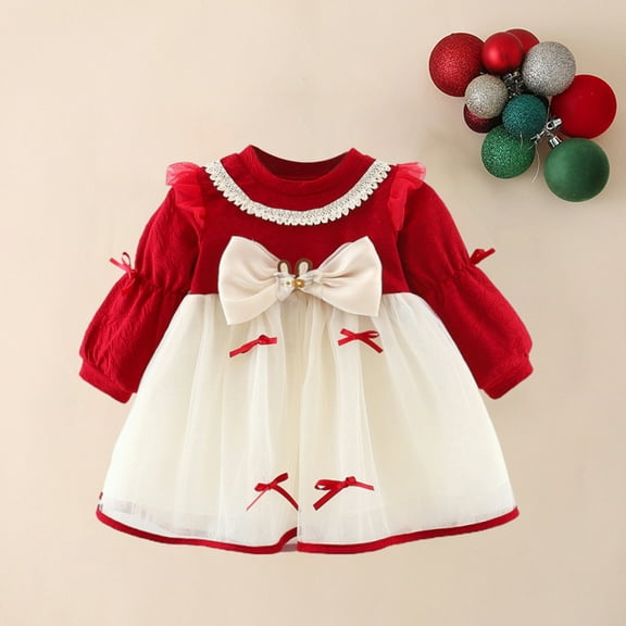 Bnwani Beach Dresses for Girl Kid Girl Long-sleeved A-line Flowers Bow Dresses Casual Red Dresses 4T