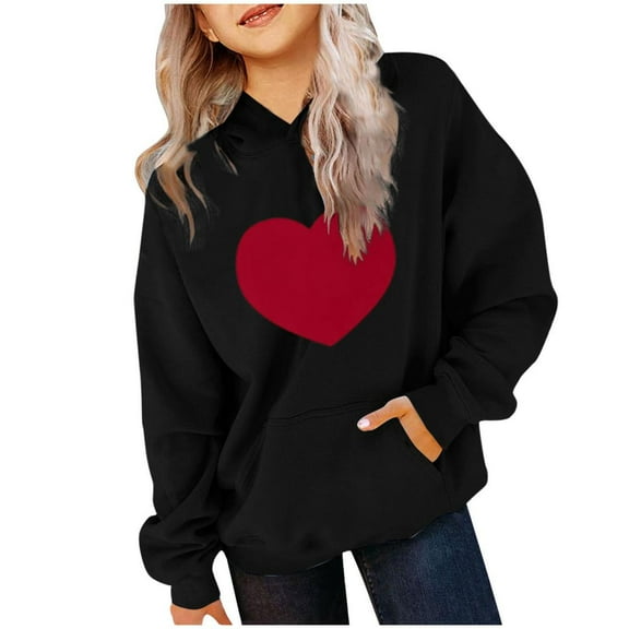 Bnwani Big Girls Hoodies Crew Neck Long Sleeve Pockets Sports Sweatshirt Hearts Graphic Printed Tops Pullover Size 7-8