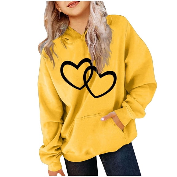 Bnwani Big Girls Hoodies Crew Neck Long Sleeve Pockets Sports Sweatshirt Hearts Graphic Printed Tops Pullover