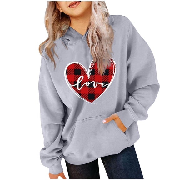 Bnwani Big Girls Hoodies Crew Neck Long Sleeve Pockets Sports Sweatshirt Hearts Graphic Printed Tops Pullover