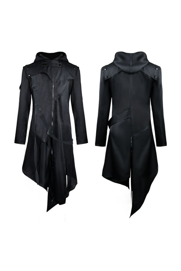 Black Winter Jacket Men Retro Steam Punk Gothic Cape Jacket Long Sleeve Hooded With Metal Button Long Trench Coat Size 3xL(US:14)