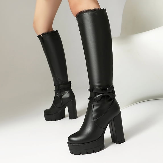Bnwani Boots Women Fall Winter Fashion Mid-Heel Thick Chunky Mid-Calf Versatile Casual Sweet Knight Splicing Boot Black Size 5.5