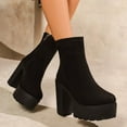 thumbnail image 1 of Bnwani Boots Women Fashion Pile Toe High-Heel Thick Chunky High Mid-Calf Versatile Comfortable Casual Solid Suede Boot Black Size 9, 1 of 4