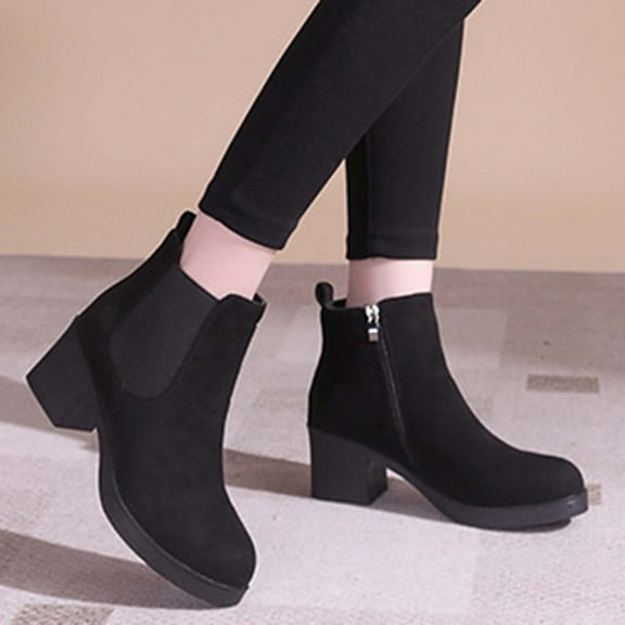 Bnwani Boots Women Fashion Pile Toe Thick Chunky Versatile Casual Solid Suede Boot Black Size 9