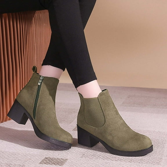 Bnwani Boots Women Fashion Pile Toe Thick Chunky Versatile Casual Solid Suede Boot Green Size 6.5