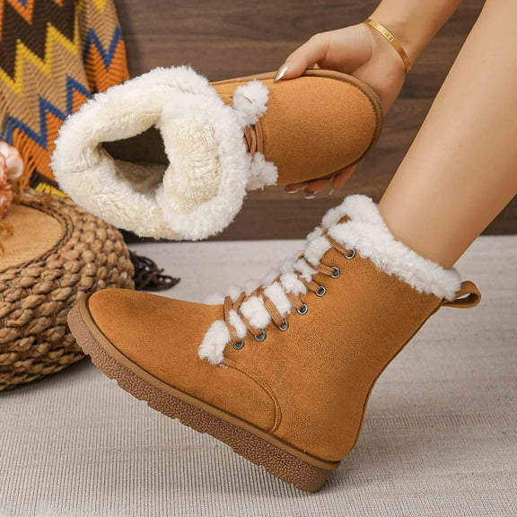 Bnwani Boots Women Fashion Toe Flat Fleece Warm Strap Comfortable Casual Solid Snow Boot Yellow Size 5.5