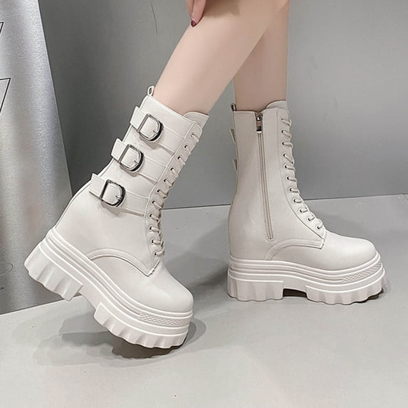 Bnwani Boots Women Fashion Toe High-Heel Thick High Casual Leather Retro Boot Beige Size 6.5