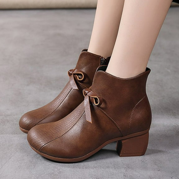 Bnwani Boots Women Fashion Toe Zipper Chunky Ankle Leather Boot Brown Size 5.5