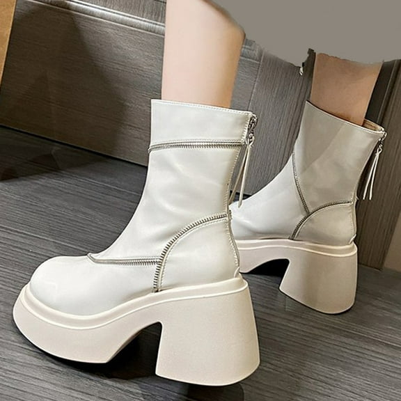 Bnwani Boots Women Fashion Zipper Thick Wedge Leather Boot White Size 6.5