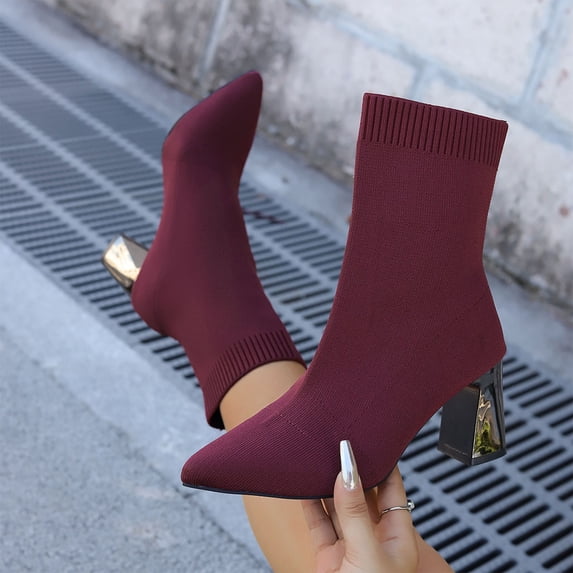Bnwani Boots Women New Winter Fashion Toe Square High-Heel Thick Chunky High Casual Solid Boot Red Size 8.5