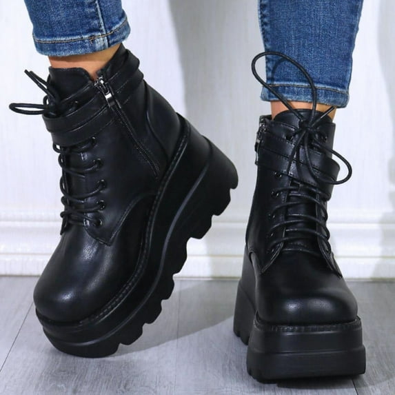 Bnwani Boots Women Retro Zipper Flat Thick Wedge Casual Retro Boot Black Size 6.5