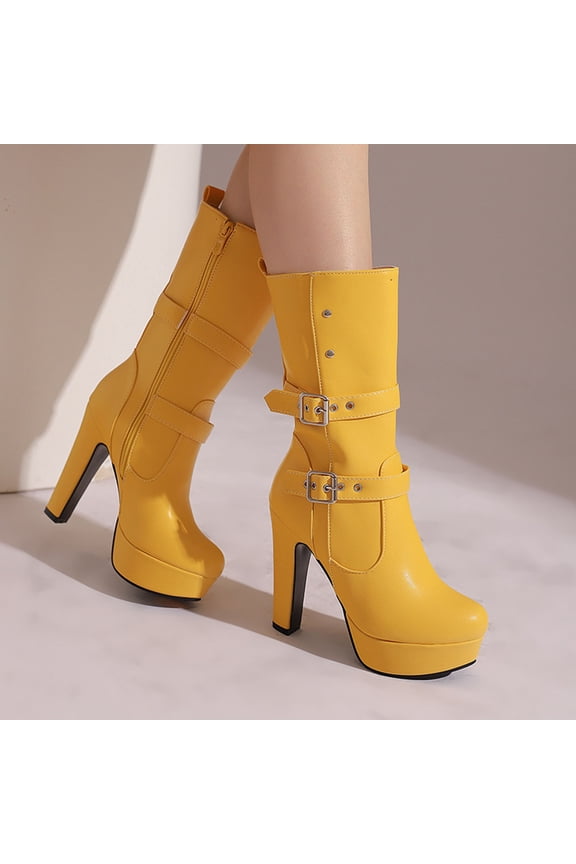 Bnwani Boots Women Winter Fashion Toe Zipper High-Heel High Mid-Calf Ankle Proof Casual Solid Boot Yellow Size 5