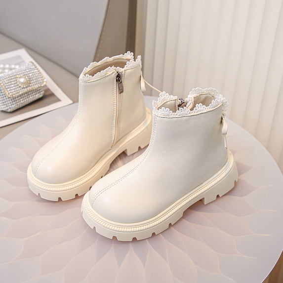 Bnwani Boots for Girls Ankle PU Leather Side Zipper Lace Flat Princess Booties 3-9 Years