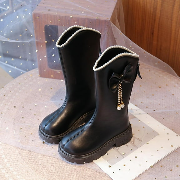 Bnwani Boots for Girls Mid-Calf Short PU Leather Pearl Bow British Boots 3-11 Years