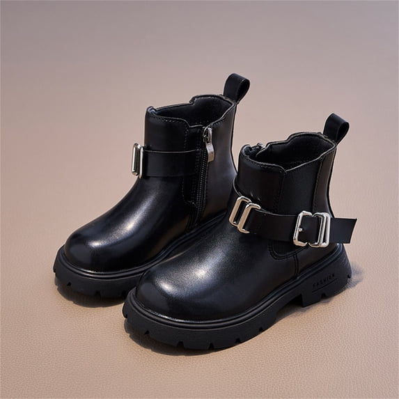 Bnwani Boots for Girls Mid-Calf Short PU Leather Side Zipper British Boots 3-9 Years