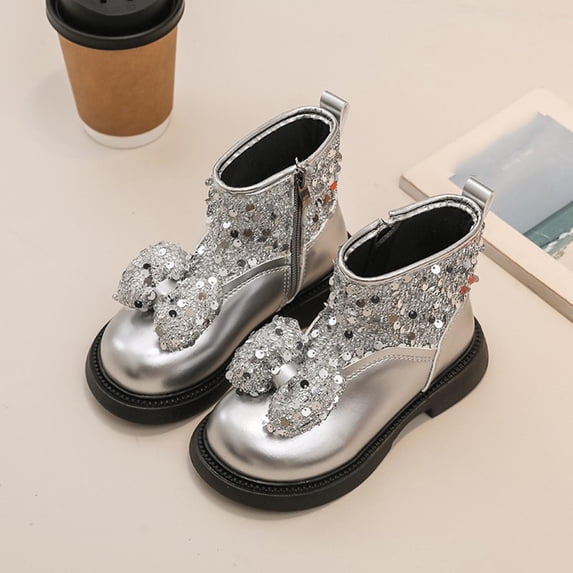 Bnwani Boots for Girls Mid-Calf Short Sequined Bow Soft-Soled British Boots 3-9 Years